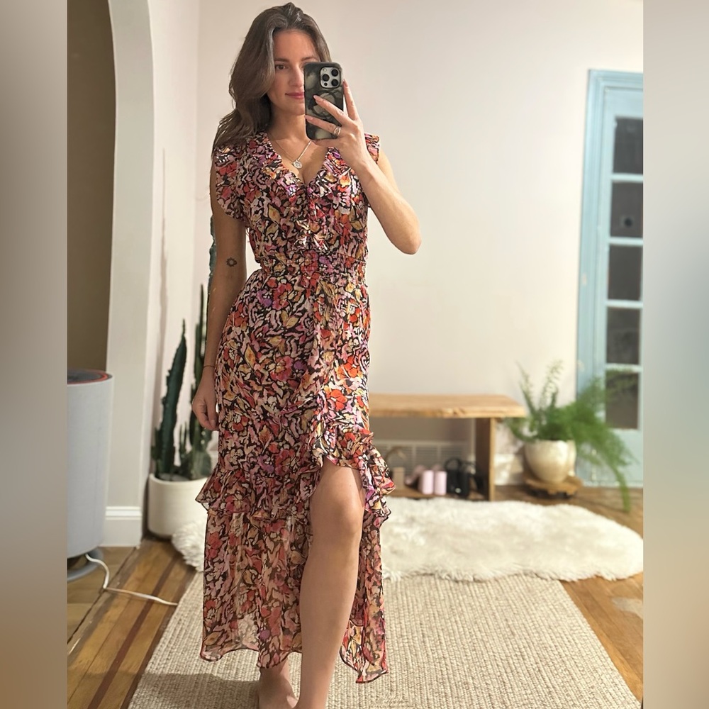 Misa Los Angeles Kidada Floral Maxi Dress, Ruffles, V Neck, Sz XS